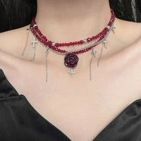Luxurious Multi-Layer Red Beaded Flower Tassel Necklace Fashionable Choker High-End Clavicle Chain Jewelry Accessory