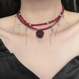 Luxurious Multi-Layer Red Beaded Flower Tassel Necklace Fashionable Choker High-End Clavicle Chain Jewelry Accessory
