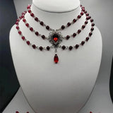 Victorian Gothic Rose Witch Multi-layer Bead Chain Red Glass Crystal Water Drop Pendant Necklace for Women Charm Jewelry Gifts