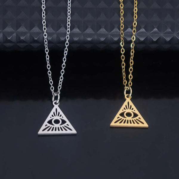 Stainless steel hollowed-out triangular devil's eye pendant necklace, square pendant collarbone chain women's accessories