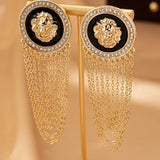 Exaggerated Trendy Lion Head Crystal Earrings for Women Fashion Shiny Long Tassel Simple Oil Dripping Enamel Earrings Jewelry