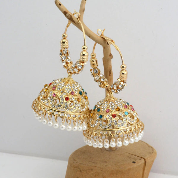 1 Pair Indian Bollywood Jhumka Earrings, Colorful Rhinestone Hollow Pearl Pendant Tassel, Women's Daily Wear Banquet Party Gift