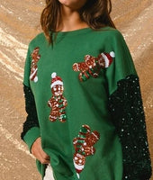 women's winter sweaters Sweatshirt sequined Christmas gingerbread cartoon pattern O-neck sequined long sleeved knitted pullover