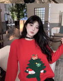 Autumn Winter Women Red Sweet Chic 3D Christmas Tree Knitted Sweater Casual O Neck Long Sleeve Pullover Tops Female Loose Jumper