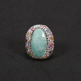 G-G Real Blue Amazonite Tourmaline Colorful CZ Paved Rings Adjustable Handmade Stone Ring Lady Simple Gifts