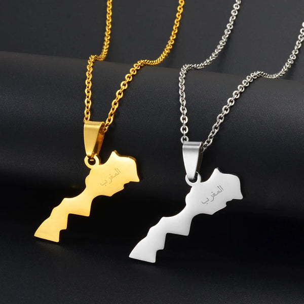 Anniyo Morocco Map Pendant Necklaces for Women Men,Ethnic Jewelry Stainless Steel Le Royaume du Maroc @313621