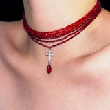 Luxurious Multi-Layer Red Beaded Flower Tassel Necklace Fashionable Choker High-End Clavicle Chain Jewelry Accessory