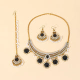 Luxury Gold Color Round Crystal Jewelry Set Vintage Earring Necklace Forehead Headdress Dubai Bridal Wedding Jewelry Accessories