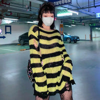 2024 Purple Striped Gothic Sweaters Women Ripped Holes Loose Knitted Pullover Frayed Fairy Grunge Jumpers Emo Streetwear Lolita
