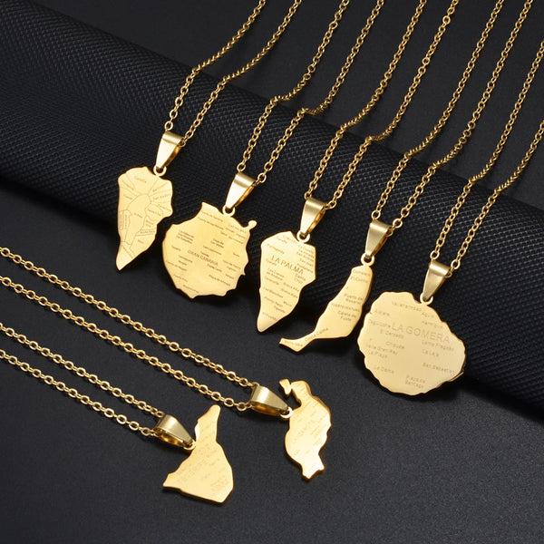 Anniyo Spain La palma Islands Map Pendant Neckalces For Women Girls Stainless Steel Ethnic Jewelry #514162