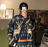 Christmas Reindeer Pullover Sweater Long Sleeve Red Loose Lazy Knitwear Horean Casual O Neck Hiphop Bf Couple Harajuku Y2K Top