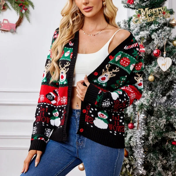 Merry Xmas Look Women's Knitted Sweater 2025 Winter Cartoon Print Full Sleeve Christmas Cardigans Knitwear Warm Soft Jacket Coat