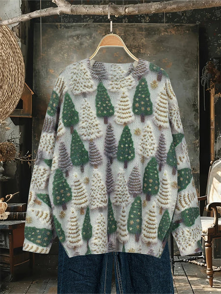Plus Size Women's Christmas Tree Knit Crochet Cardigan Sweater Long Sleeve Autumn Cozy Colorful Jacket