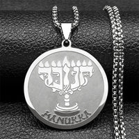 Jewish Hanukkah Nine Lamp Candlestick Pendant Necklace for Women Men Stainless Steel Gold Color Hebrew Religious Chain Jewelry