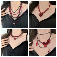 Luxurious Multi-Layer Red Beaded Flower Tassel Necklace Fashionable Choker High-End Clavicle Chain Jewelry Accessory