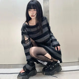 2024 Purple Striped Gothic Sweaters Women Ripped Holes Loose Knitted Pullover Frayed Fairy Grunge Jumpers Emo Streetwear Lolita
