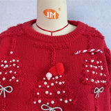 Christmas Sweater Women 2024 Korean Style O Neck Casual Loose Jumper Women Chic O Neck Peark Bow New Year Sweater Knitwear