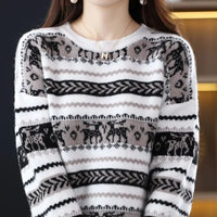 Autumn Winter Women Simple Elk Deer Jacquard Christmas Knitted Sweater Y2K Casual O Neck Long Sleeve Pullover Tops Loose Jumpers