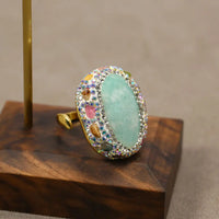 G-G Real Blue Amazonite Tourmaline Colorful CZ Paved Rings Adjustable Handmade Stone Ring Lady Simple Gifts