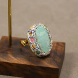 G-G Real Blue Amazonite Tourmaline Colorful CZ Paved Rings Adjustable Handmade Stone Ring Lady Simple Gifts