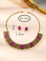 3 PCS Vintage Indian Style Alloy Necklace Earrings Set Exotic Exquisite Pearl Rhinestone Tassel Collar Chain Earrings Palace