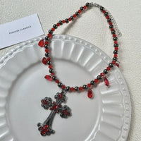 Luxurious Multi-Layer Red Beaded Flower Tassel Necklace Fashionable Choker High-End Clavicle Chain Jewelry Accessory