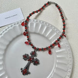 Luxurious Multi-Layer Red Beaded Flower Tassel Necklace Fashionable Choker High-End Clavicle Chain Jewelry Accessory