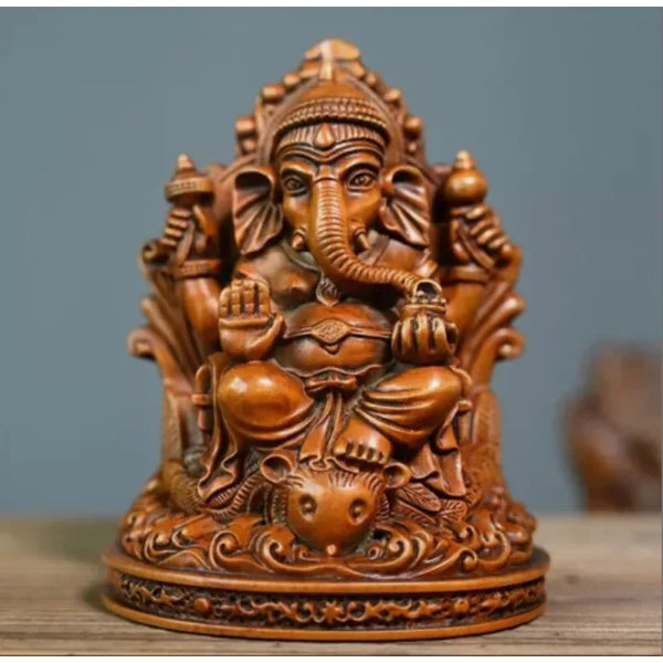 4.5" Boxwood Carved Hindu Elephant God Statue Ganesha Ganesh Figure Shrine Decor