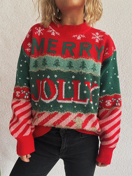 2025 Christmas Women's Jacquard Knit Sweater Round Neck Loose Fit Pullover Autumn Winter Long Sleeve Casual Red New Year Jumpers