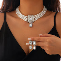 SHIXIN 2Pcs Luxury Multilayer Imitation Pearl Choker Necklace Earrings Bridal Green Rhinestone Neck Chain Wedding Jewelry Set