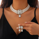 SHIXIN 2Pcs Luxury Multilayer Imitation Pearl Choker Necklace Earrings Bridal Green Rhinestone Neck Chain Wedding Jewelry Set