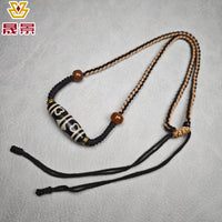 Black And White Patina Nine-Eye Natural Agate Dzi Necklace With Bead Collarbone Chain