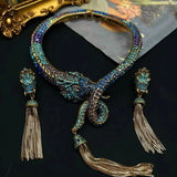 European and American medieval retro zodiac dragon animal blue European and American heavy industry tassel rhinestone earring ne