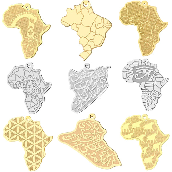 2pcs No Fade Africa Map Charms Stainless Steel Pendant for Jewelry Making Necklace Keychain Rune Eye of Horus Talisman DIY Craft