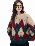 Spliced Christmas Hot Red Diamond Grid Top Checkered Round Neck Knit Long Sleeve Retro Sweater Women Street Design Loose Casual
