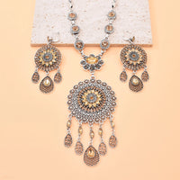Gypsy India Ethnic Style Water Drop Pendant Geometric Crystal Necklace Earrings For Women Retro Silver Plated Bohemian Jewelry