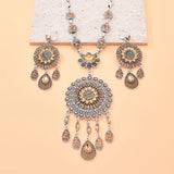 Gypsy India Ethnic Style Water Drop Pendant Geometric Crystal Necklace Earrings For Women Retro Silver Plated Bohemian Jewelry