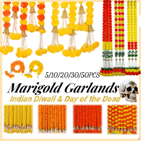 5-50PCS Marigold Flower Garland for Decoration Artificial Flowers Wedding Indian Décor Diwali Pooja Day of The Dead Mexican 1.5m