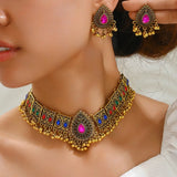 Fashion Indian Bollywood Traditional Crystal Wedding Choker Necklace Earrings Jhumka Jewelry Set Vintage Bohemian Collar Gifts