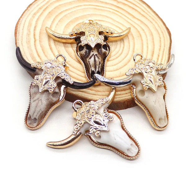 Retro Bull Head Shape Resin Pendants Golden Edge Parcel Design Charms Accessory 1 Pc For DIY Making Trendy Necklace Jewelry Gift