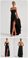 VC Elegant Black Satin Maxi Dress with Crisscross Spaghetti Straps and High Slit Ruffled Hem for High - Profile Occasions