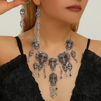 Halloween Jewelry Set Punk Retro Statement Alloy Skull Tassel Necklace and Earrings Women's Party Accessories