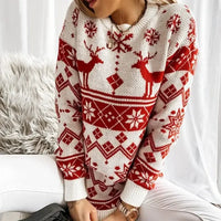 2025 Winter Women's Christmas Sweater Elk Print Knitted Jumpers Full Sleeve O Neck Casual Loose Knitwear Pullover Tops Xmas Look