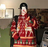 Christmas Reindeer Pullover Sweater Long Sleeve Red Loose Lazy Knitwear Horean Casual O Neck Hiphop Bf Couple Harajuku Y2K Top