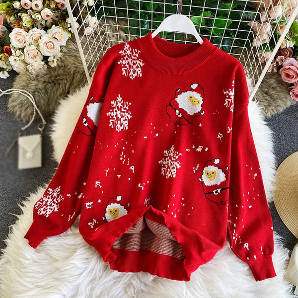 Loose Fit Knitted Couple Pullovers Thick Winter Sweaters Round Neck Santa Claus Christmas Attire All-match Autumn Sweater