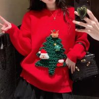 Autumn Winter Women Red Sweet Chic 3D Christmas Tree Knitted Sweater Casual O Neck Long Sleeve Pullover Tops Female Loose Jumper