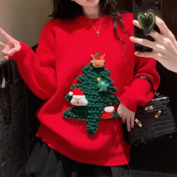 Autumn Winter Women Red Sweet Chic 3D Christmas Tree Knitted Sweater Casual O Neck Long Sleeve Pullover Tops Female Loose Jumper