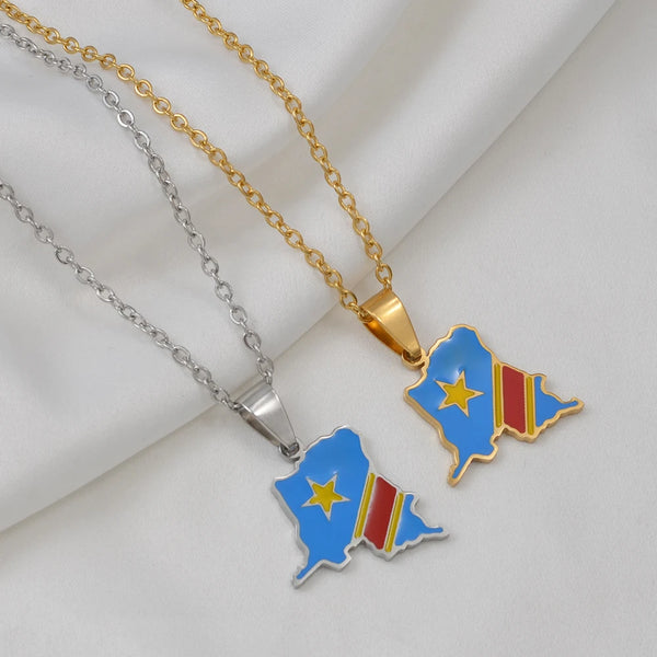 Anniyo 2.2CM Democratic Republic of the Congo Map Colored Flag Map Pendant Necklaces DRC Kinshasa Jewelry #502262