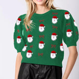 Combhasaki Women's Christmas Cropped Sweaters Half Puff Sleeve Cartoon Santa /CandyCane/Gingerbread Man Print Knitwear Pullovers
