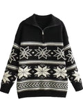 2024 Women Christmas Sweaters Long Sleeve Turn-down Collar Oversized Ugly Holiday Knitted Pullover Sweater